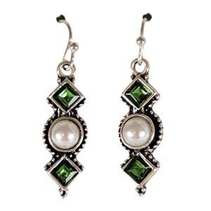 Green Crystal And Pearl Dangle Earrings Vintage Look Silver Tone Unbranded